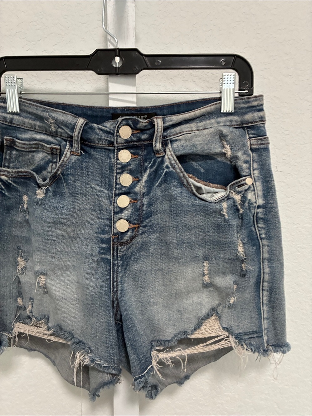 Judy Blue Distressed Blue Button-Fly Denim Shorts - Picture 4 of 9
